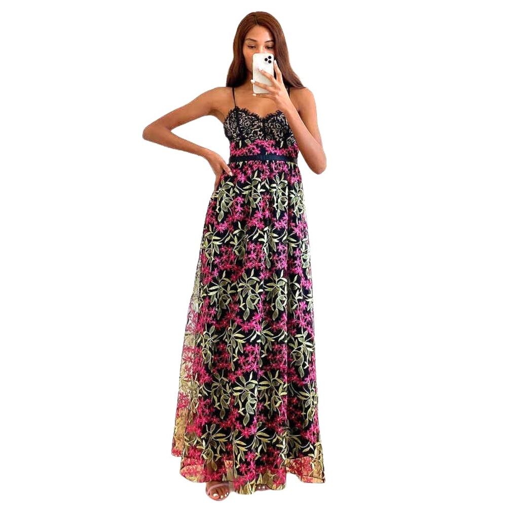 Lulu’s NEW Divine Delight Floral Embroidered Lace Maxi Dress Black Pink Green XS